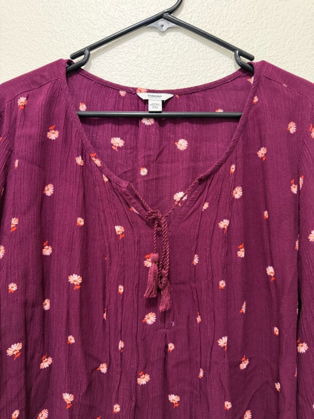 Sonoma burgundy floral blouse, 3/4 sleeves, lightweight, XXL